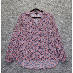 Banana Republic Shirt Womens Large Red Blue Floral Split Neck Long Sleeve Blouse